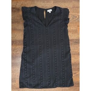 EverEve Black Eyelet Dress Medium Ruffle Sleeve Lined Shift Mini Dress